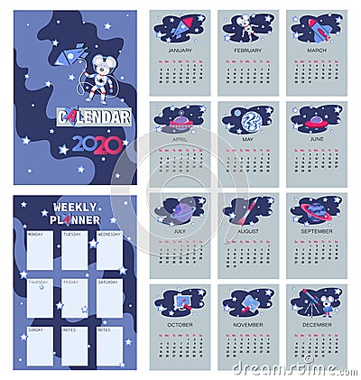 Space calendar 2020. Little mouse astronaut. Vector Illustration